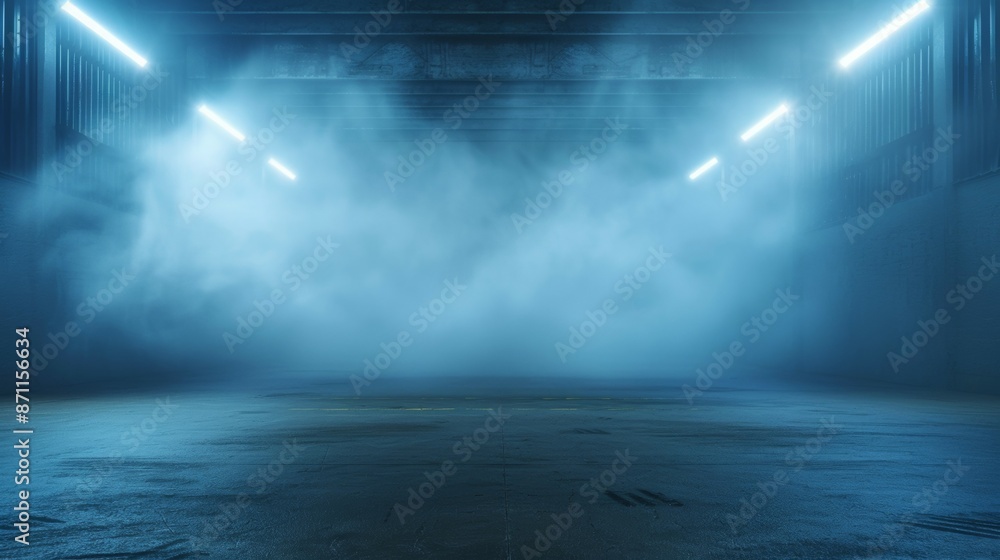 A dark, empty room with a blue light shining down on it, backdrop A dark, empty room with a blue light shining down on it, backdrop
