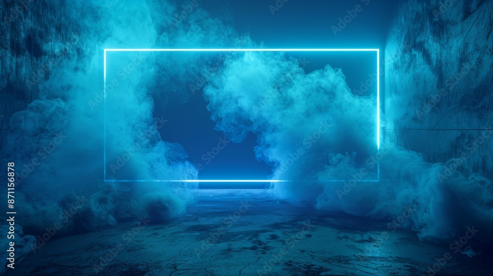 Fototapeta premium A blue room with a large blue square in the middle, backdrop