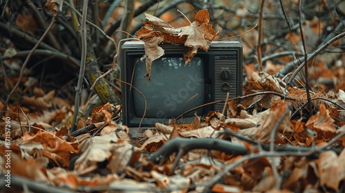 Among the branches and brown, dry leaves on the street is an ancient black television.