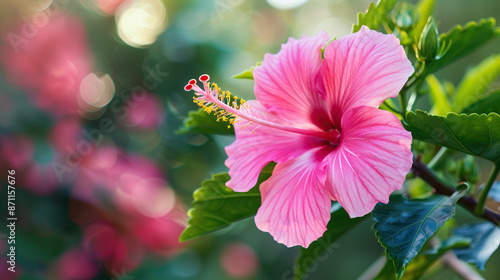 Fuschia hibiscus close-up, bokeh, Generative AI