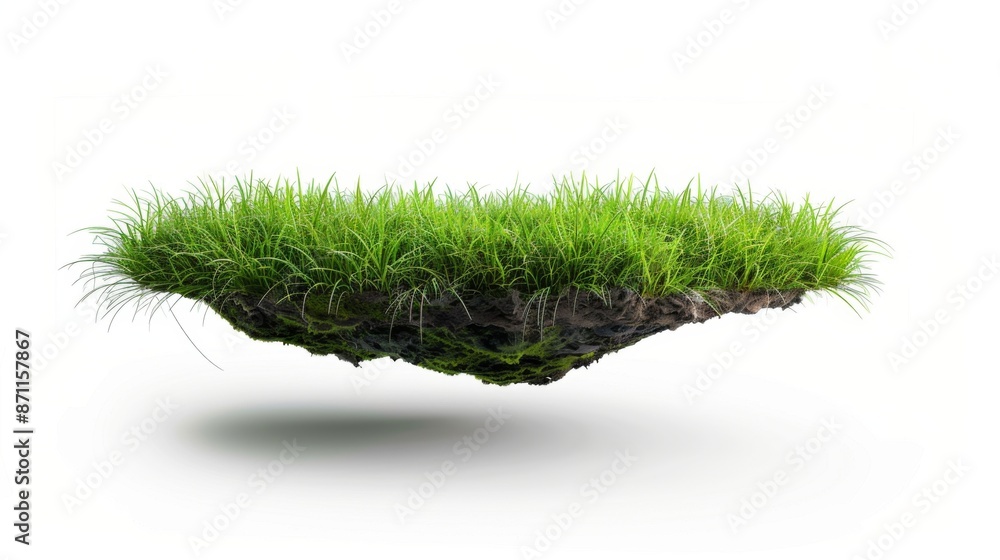 Piece of ground covered with grass is floating in the air. Flying island isolated on white background Piece of ground covered with grass is floating in the air. Flying island isolated on white background