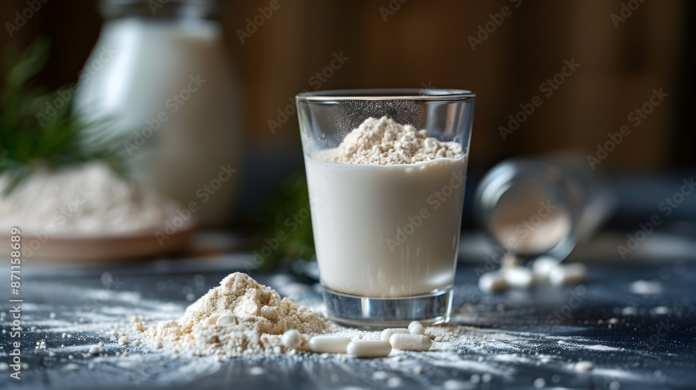 Creamy Milkshake Served in a Glass on Rustic Wooden Table Creamy Milkshake Served in a Glass on Rustic Wooden Table