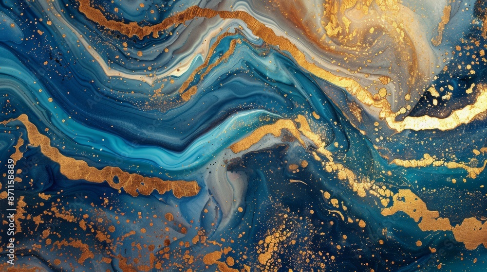 A painting of a blue ocean with gold streaks and splatters A painting of a blue ocean with gold streaks and splatters