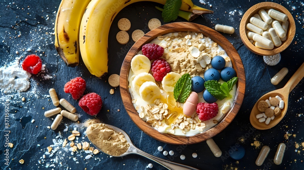 Fototapeta premium Healthy Homemade Granola Bowl with Fresh Fruits Nuts and Yogurt on Rustic Wooden Table