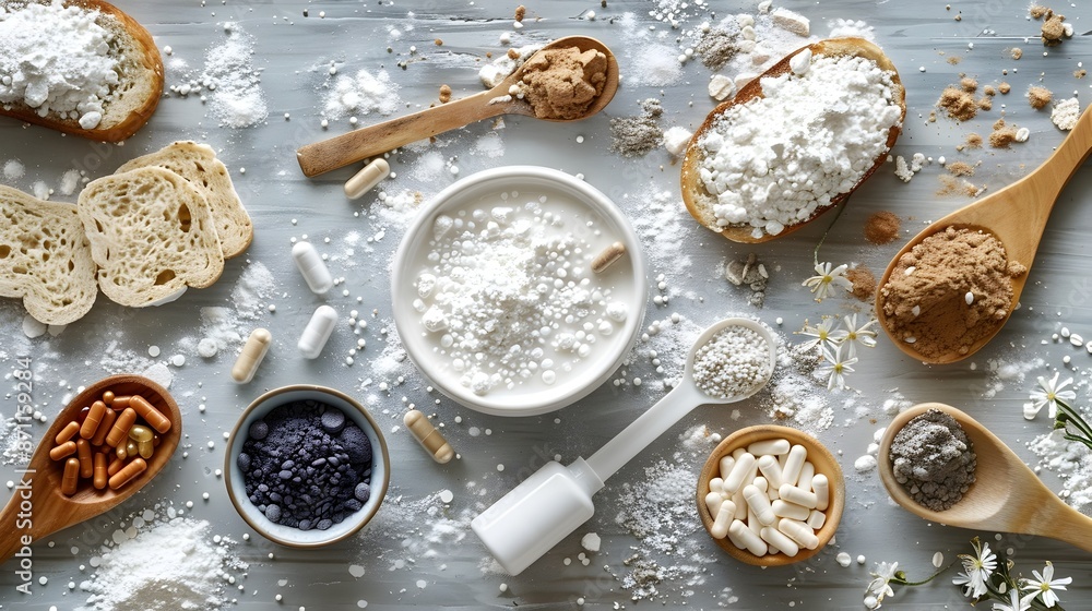 Homemade Bread Dough and Baking Ingredients on Rustic Wooden Surface Homemade Bread Dough and Baking Ingredients on Rustic Wooden Surface