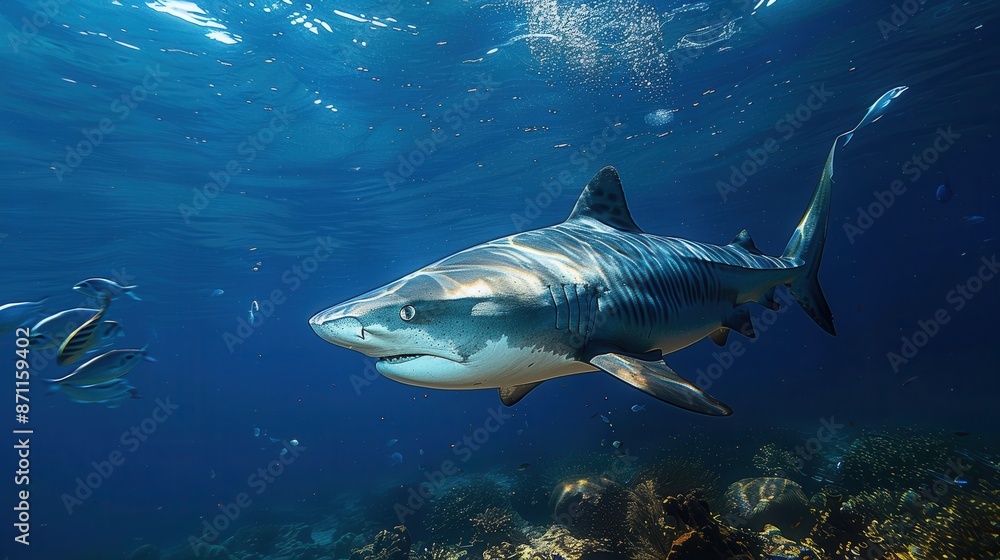 Incredible image of a majestic shark swimming through the deep blue ocean waters, capturing the essence of marine life, adventure, and the raw beauty of nature. Incredible image of a majestic shark swimming through the deep blue ocean waters, capturing the essence of marine life, adventure, and the raw beauty of nature.