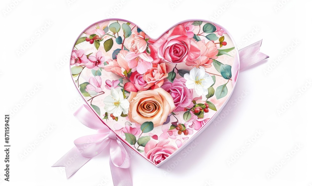 Heart-shaped gift box with flowers, ideal for Valentine's, Christmas, birthdays, Mother's Day, and more. Includes empty space for text. Heart-shaped gift box with flowers, ideal for Valentine's, Christmas, birthdays, Mother's Day, and more. Includes empty space for text.