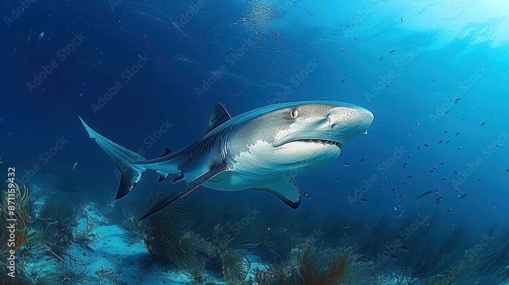 Fototapeta premium A close-up view of a tiger shark gliding through the clear blue waters, surrounded by various fish and marine plants, showcasing the underwater oceanic life.
