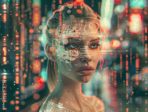 This is a close-up portrait of a womans face, rendered with a digital overlay of intricate patterns and abstract code, creating a futuristic, surreal image photo