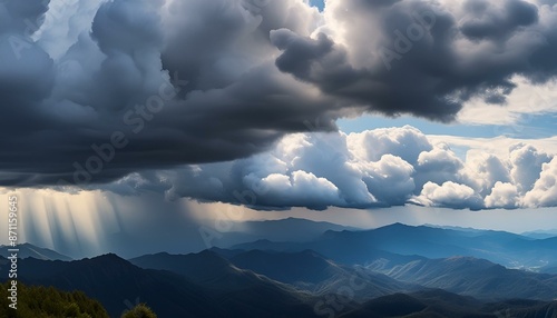Dramatic storm clouds over mountain peaks with sun rays, dark heavy rain clouds above a blue mountain range, cinematic sky landscape with light beams and atmospheric weather conditions.