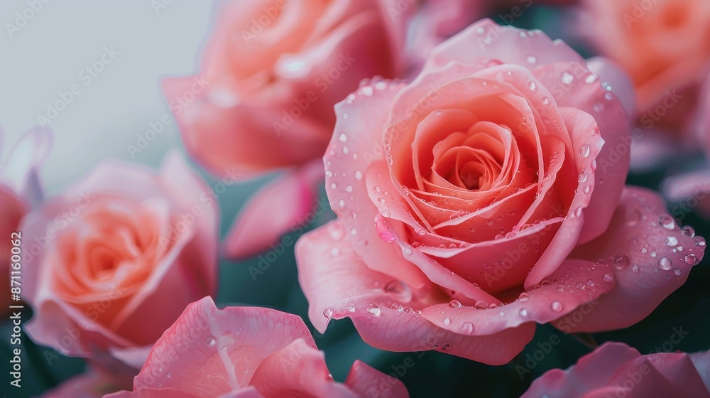This image captures a beautiful close-up of delicate pink roses adorned with sparkling water droplets, highlighting the beauty and freshness of the flowers. This image captures a beautiful close-up of delicate pink roses adorned with sparkling water droplets, highlighting the beauty and freshness of the flowers.