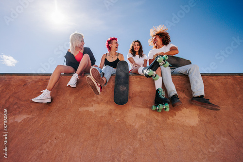 group of young friends at a skatepark