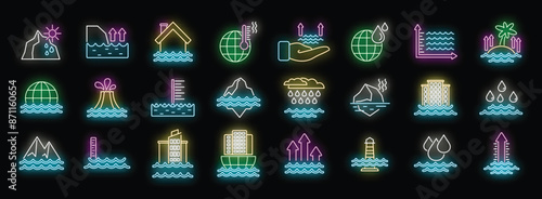 Sea level rise icons set outline vector. Water level. Nature disaster neon color on black