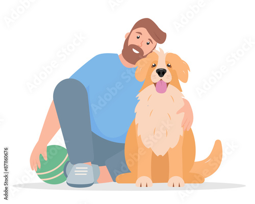 Man sitting with dog. Dog lover hugging cute dog. Happy Pet and owner. Vector flat illustration isolated on white background.