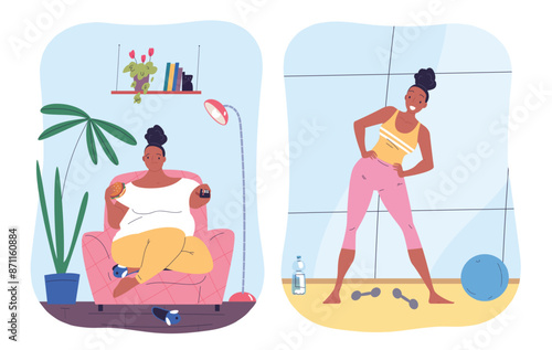 After weight loss. Woman with overweight change figure fitness exercise, fat girl slimming result comparison, obesity body care slim waist belly losing weights illustration