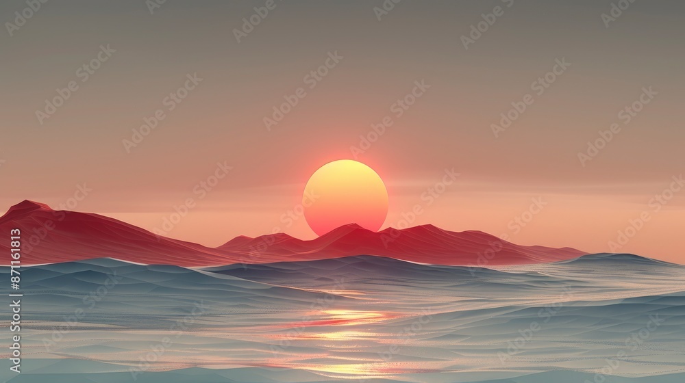 A minimalist low-poly illustration of a lone yellow sun rising over a purple horizon, against the backdrop of a dark blue sky, A minimalist low-poly illustration of a lone yellow sun rising over a purple horizon, against the backdrop of a dark blue sky,