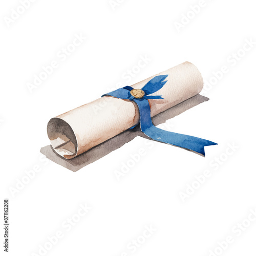Watercolor style diploma illustration. Certificate of graduation isolated vector.