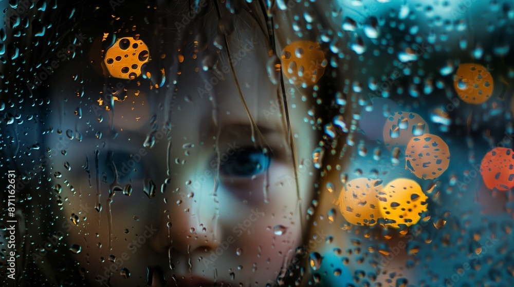 Child Gazing Through Rain-Covered Window with Blurred City Lights Child Gazing Through Rain-Covered Window with Blurred City Lights