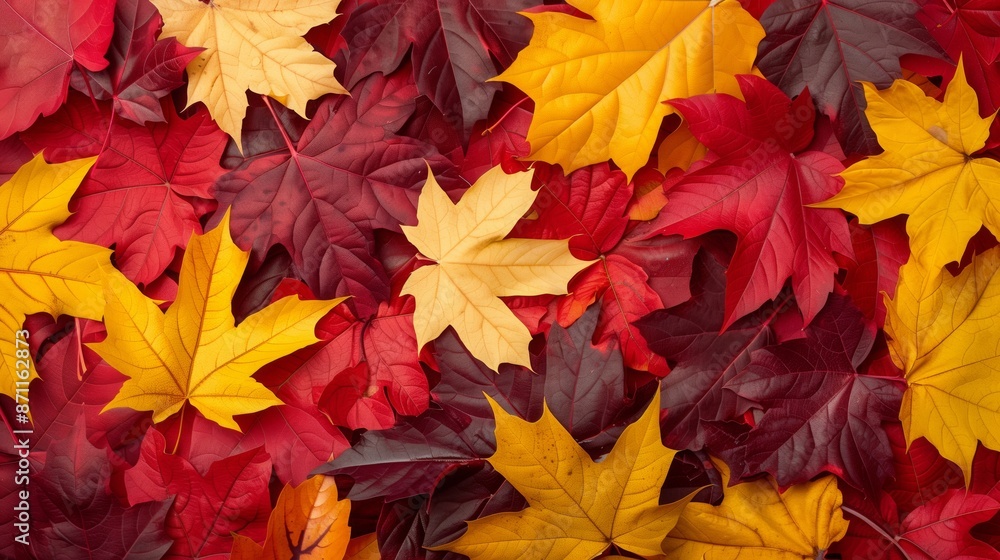 Close-up of a pile of red, yellow, and burgundy autumn leaves Close-up of a pile of red, yellow, and burgundy autumn leaves