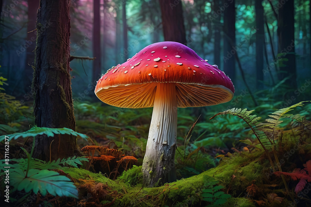 Fototapeta premium a colourful mushroom in the middle of a forest