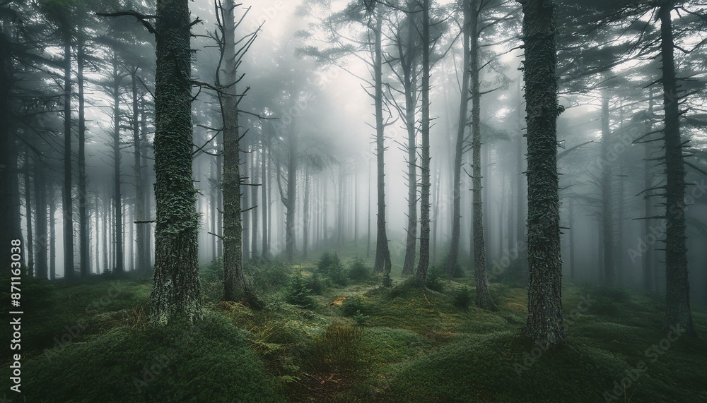 Naklejka premium Mystical forest with fog