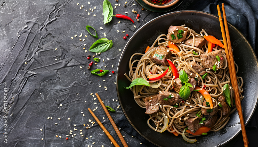 Soba noodles with beef, carrots, onions and sweet peppers on wooden table. Top view Soba noodles with beef, carrots, onions and sweet peppers on wooden table. Top view