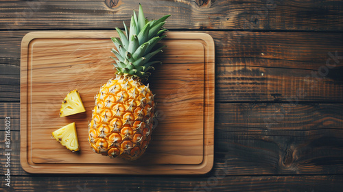 Pineapple with slices on cutting board on counter, Generative AI