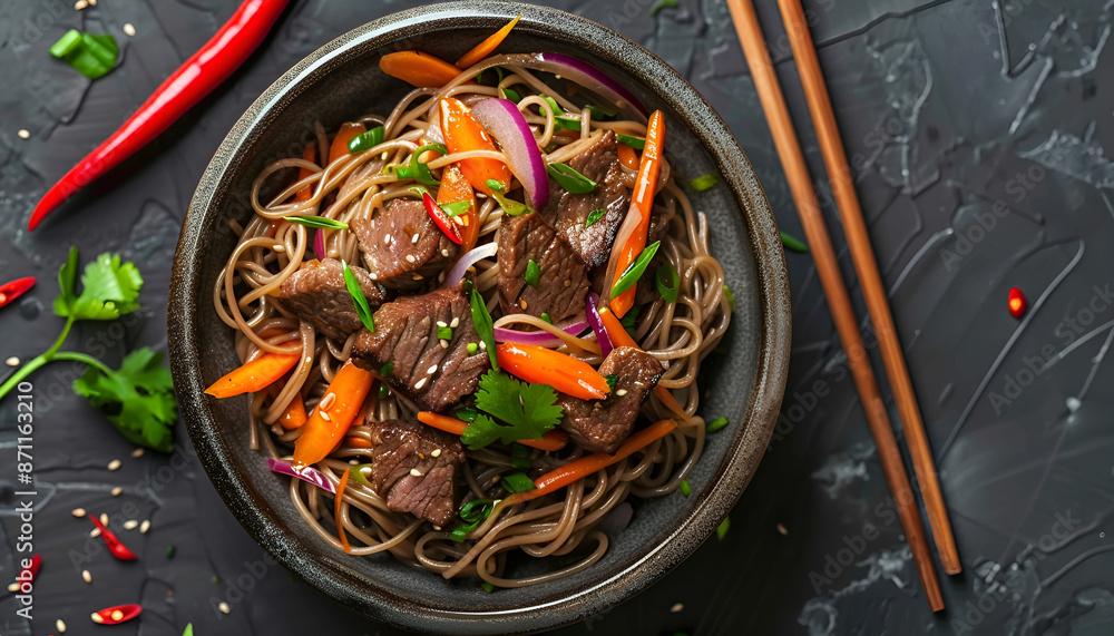 Soba noodles with beef, carrots, onions and sweet peppers on wooden table. Top view Soba noodles with beef, carrots, onions and sweet peppers on wooden table. Top view