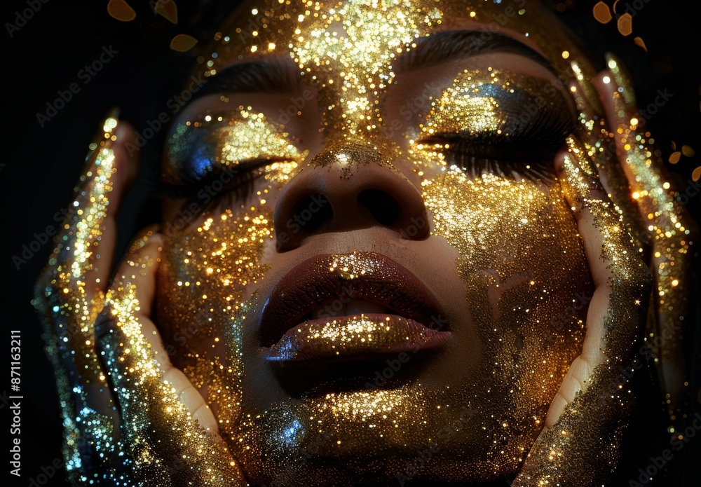 Close-up portrait of woman with golden glitter on face embracing luxury and glamour Close-up portrait of woman with golden glitter on face embracing luxury and glamour