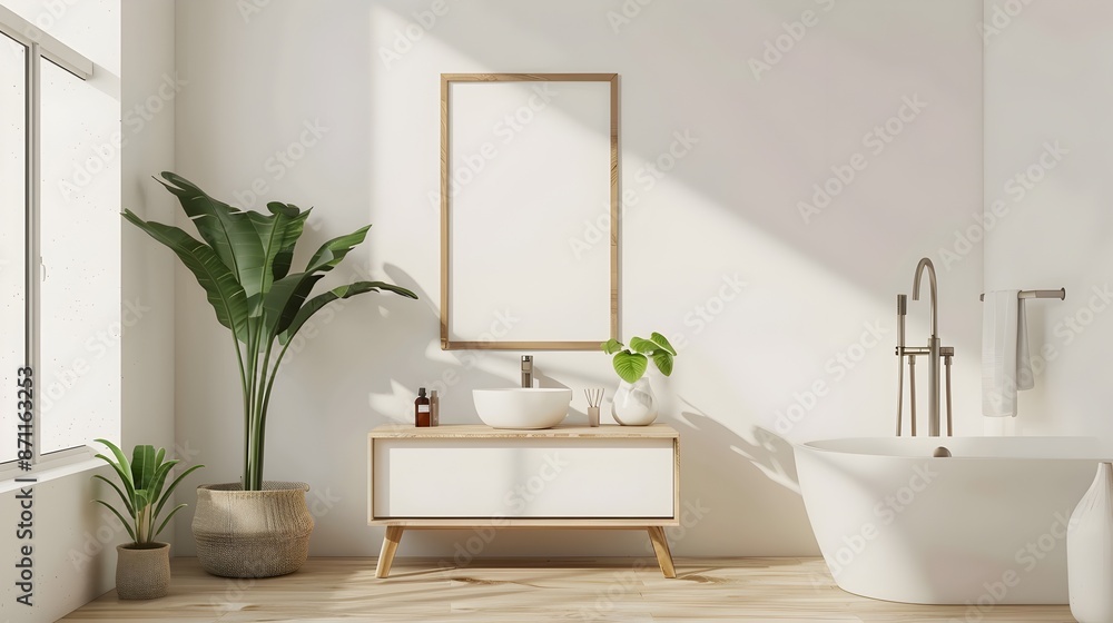 Fototapeta premium Minimalist Bathroom with Bright Accents and Clean Minimalist Interior Design