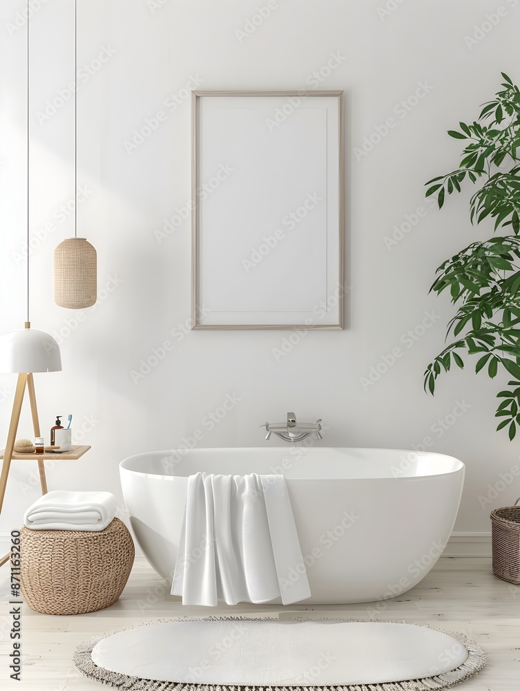 Fototapeta premium Minimalist Bathroom with Clean Contemporary Interior and Frame Mockup in 3D Rendering