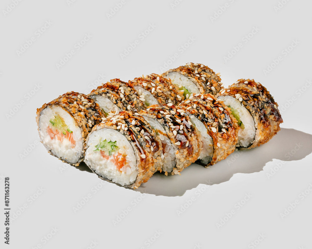 A delicious serving of crispy sushi rolls topped with sesame seeds, perfect for celebrating Japanese cuisine and food holidays A delicious serving of crispy sushi rolls topped with sesame seeds, perfect for celebrating Japanese cuisine and food holidays