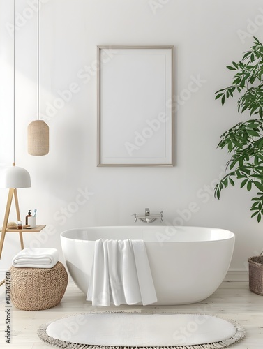 Minimalist Bathroom with Clean Contemporary Interior and Frame Mockup in 3D Rendering