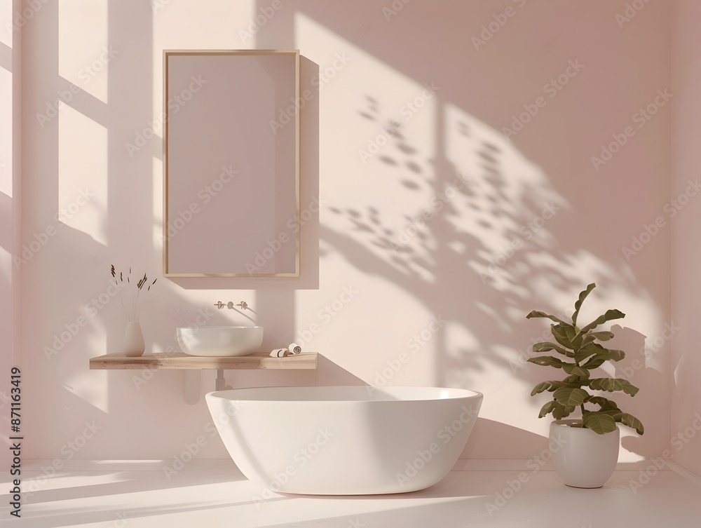 Fototapeta premium Minimalist Bathroom with Freestanding Sink and Mirror Mockup,Clean and Modern Interior Design