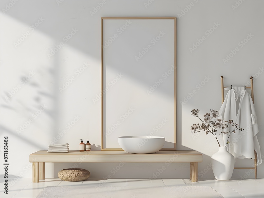 Fototapeta premium Minimalist Bathroom with Large Mirror and Clean Lines,3D Rendering of Modern and Elegant Interior Design