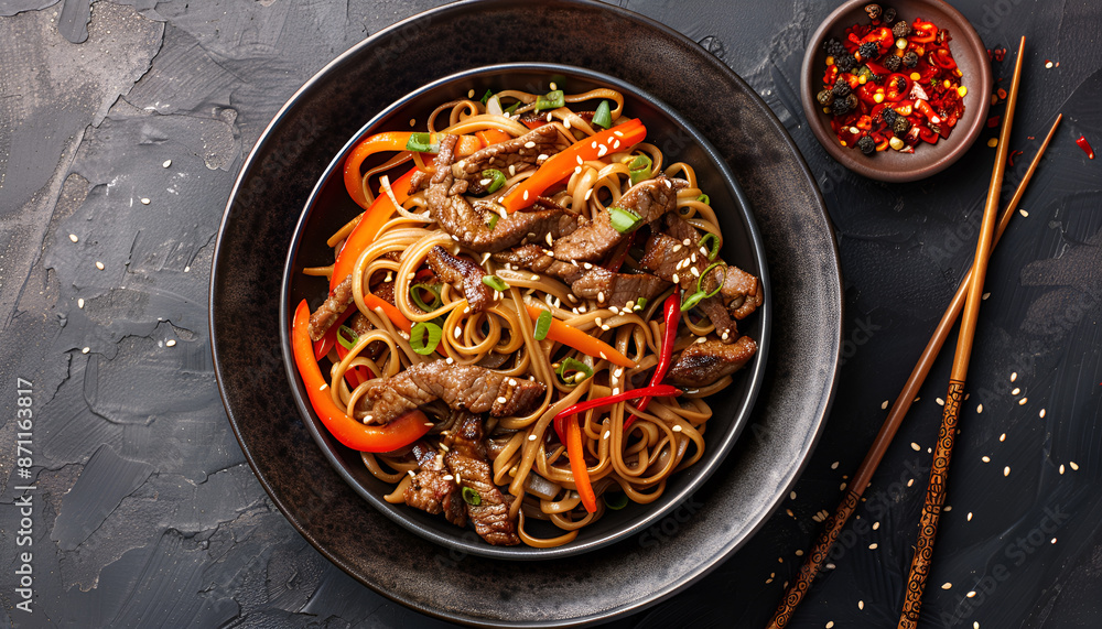 Soba noodles with beef, carrots, onions and sweet peppers on wooden table. Top view Soba noodles with beef, carrots, onions and sweet peppers on wooden table. Top view