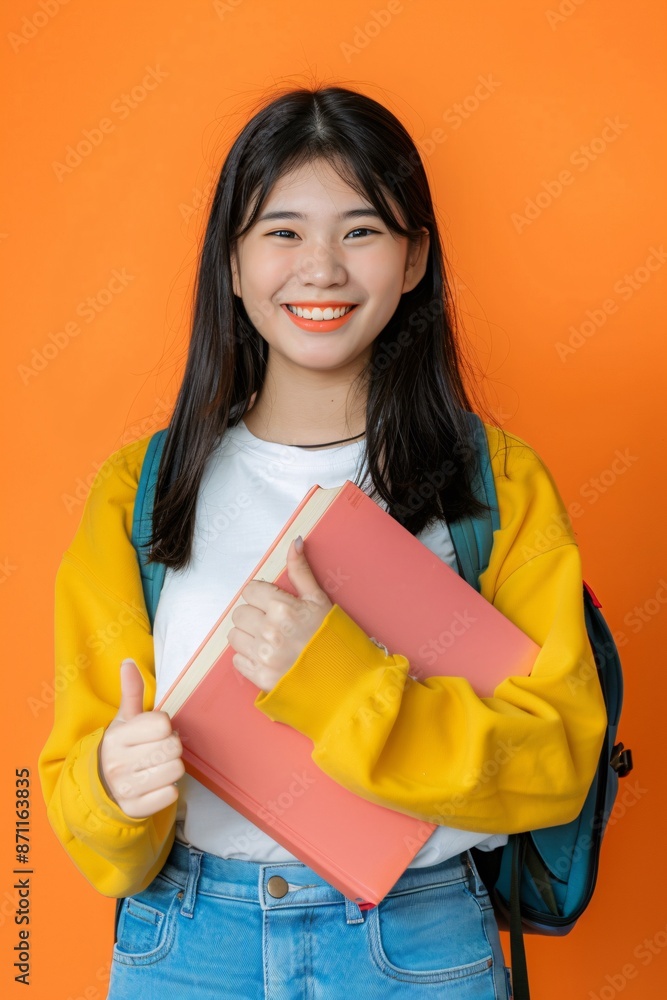 Smiling Student Holding Books with Thumbs Up Against Orange Background, Generative AI Smiling Student Holding Books with Thumbs Up Against Orange Background, Generative AI