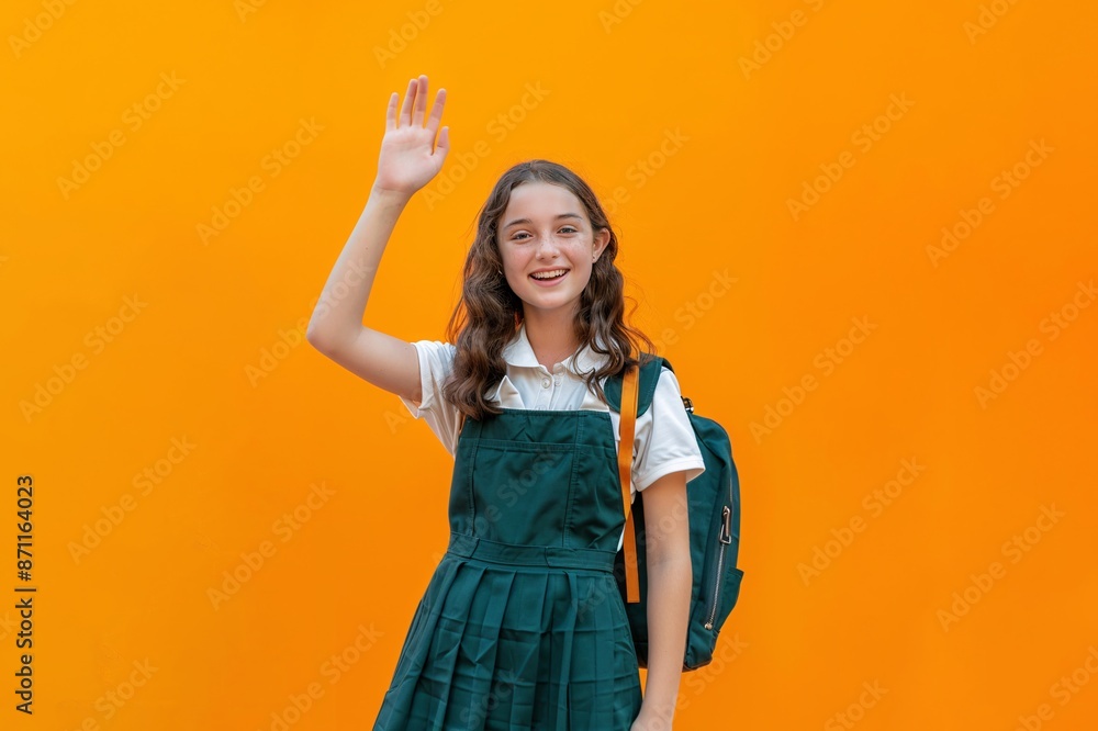 Smiling Schoolgirl Raising Hand in Green Uniform, Generative AI Smiling Schoolgirl Raising Hand in Green Uniform, Generative AI