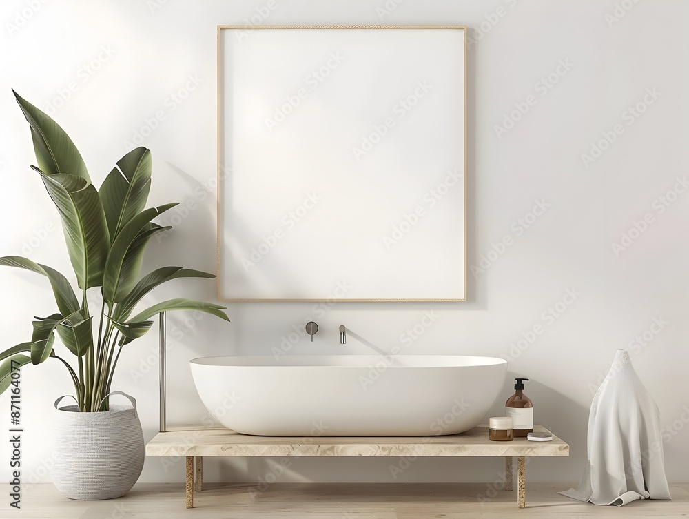 Fototapeta premium Minimalist Bathroom with Steel and Fabric Elements,Clean Minimalist Interior,Frame Mockup,3D Rendering