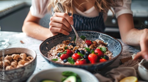 A woman in an apron eats a nutritious bowl of oatmeal topped with fresh berries and nuts at a well-organized kitchen counter, highlighting a healthy lifestyle.