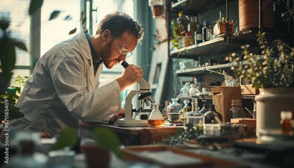 A scientist in a lab coat peering into a microscope, with various lab equipment and chemical solutions arranged neatly on a workbench A scientist in a lab coat peering into a microscope, with various lab equipment and chemical solutions arranged neatly on a workbench