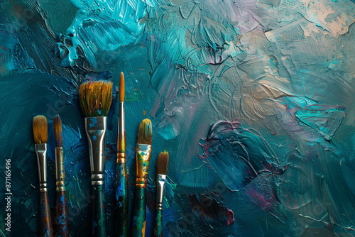 Painter's Brushes scattered on a table with surrounding copy-space, representing the essential instruments of a creative painter, capturing the varied shapes