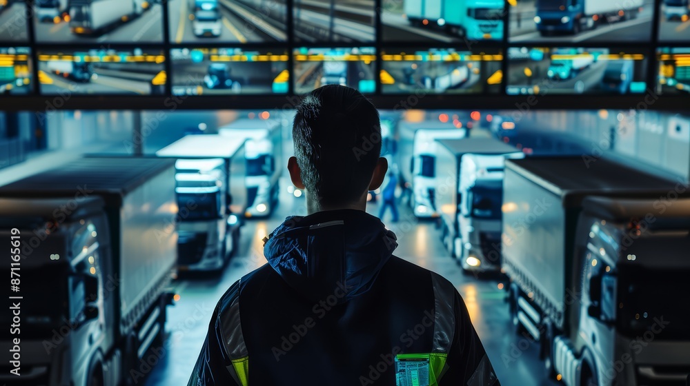 A dispatcher monitoring a fleet of delivery trucks via a digital tracking system A dispatcher monitoring a fleet of delivery trucks via a digital tracking system