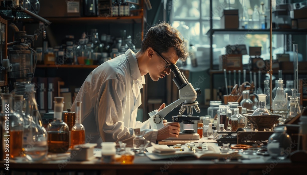 A scientist in a lab coat peering into a microscope, with various lab equipment and chemical solutions arranged neatly on a workbench A scientist in a lab coat peering into a microscope, with various lab equipment and chemical solutions arranged neatly on a workbench
