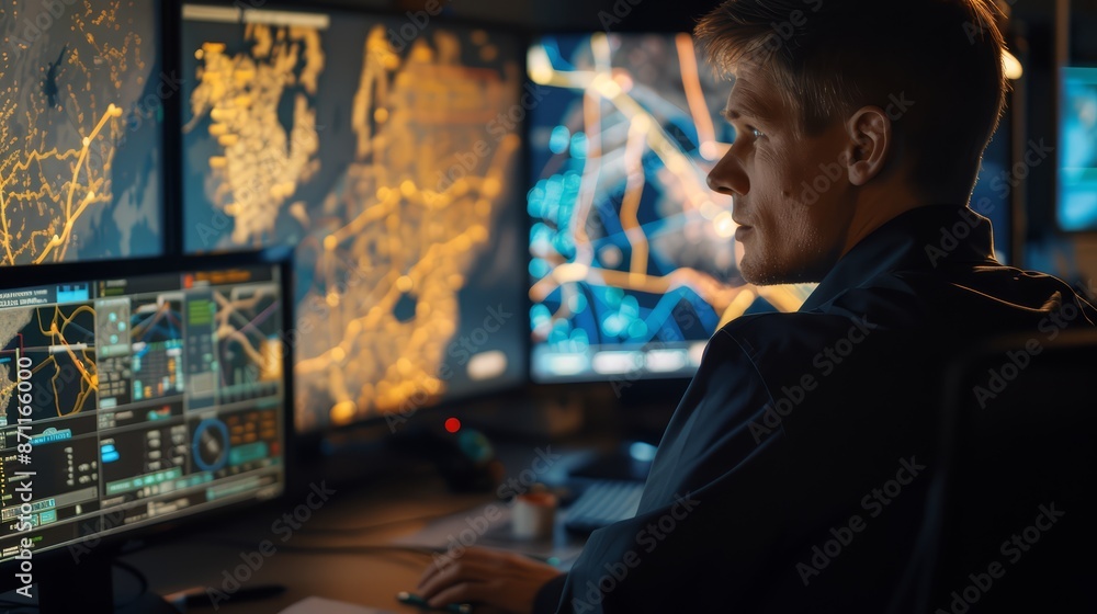 A dispatcher reviewing a digital map with routes highlighted for delivery drivers A dispatcher reviewing a digital map with routes highlighted for delivery drivers