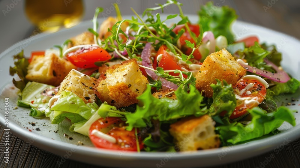 A fresh mixed salad served in a white bowl, featuring crunchy croutons, vibrant tomatoes, red onions, and greens, offering a delicious and healthy meal option. A fresh mixed salad served in a white bowl, featuring crunchy croutons, vibrant tomatoes, red onions, and greens, offering a delicious and healthy meal option.