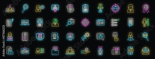 Vacancy icons set outline vector. Job cv. Hiring portfolio neon color on black
