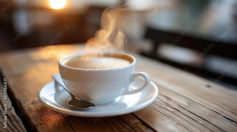 A visually appealing image of a hot coffee cup emanating steam, set on a rustic wood table, perfect for emphasizing a sense of warmth, comfort, and tranquility in a homey setting. A visually appealing image of a hot coffee cup emanating steam, set on a rustic wood table, perfect for emphasizing a sense of warmth, comfort, and tranquility in a homey setting.