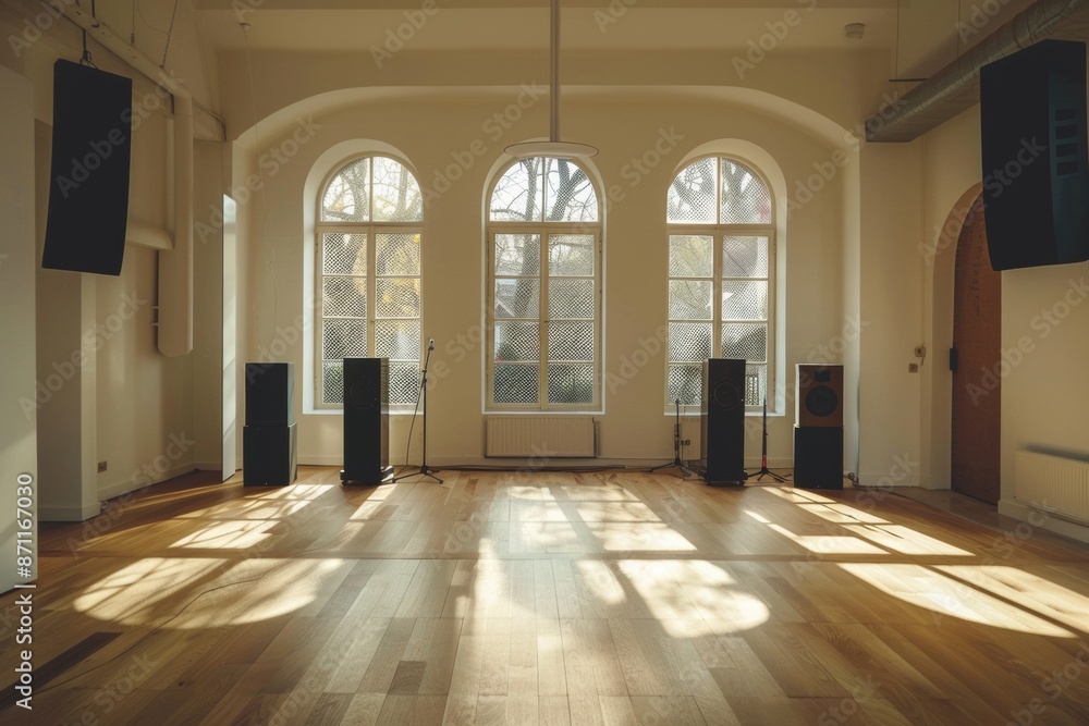 Interior of a room with large windows, wooden floor and lighting Interior of a room with large windows, wooden floor and lighting