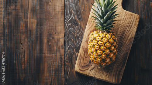 Pineapple on wooden cutting board on counter, Generative AI